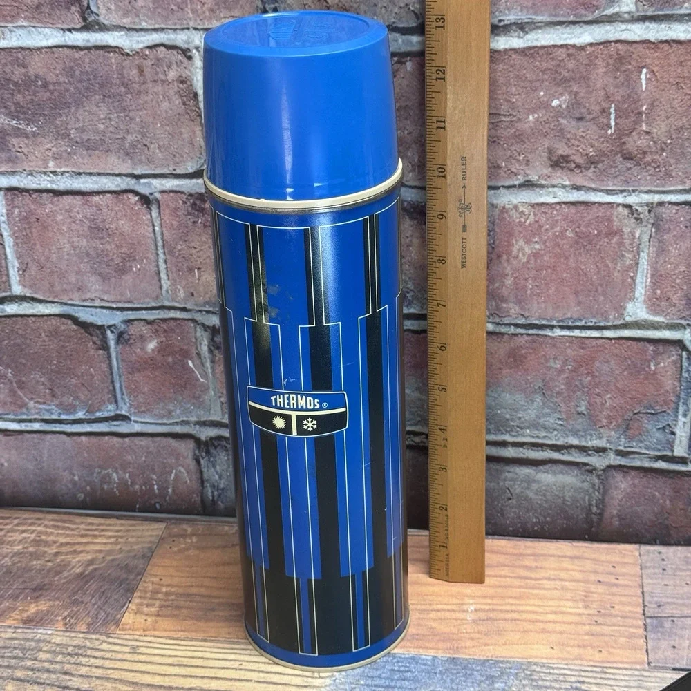 Vintage 70s King Seeley Thermos Blue and Black Hot Cold Vacuum‎ Bottle Cup PROP